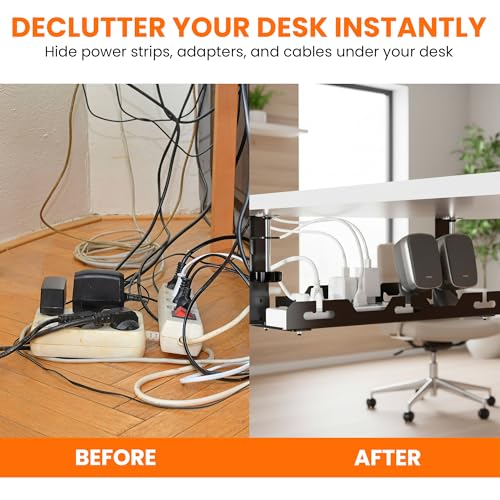 17'' Super Sturdy Cable Tray Under Desk Cord Organizer Standing Desk Cable Management System Large Power Strip Holder Cord Basket With Clamp for Wire Management Rack Office, Home, No Drill & Damage