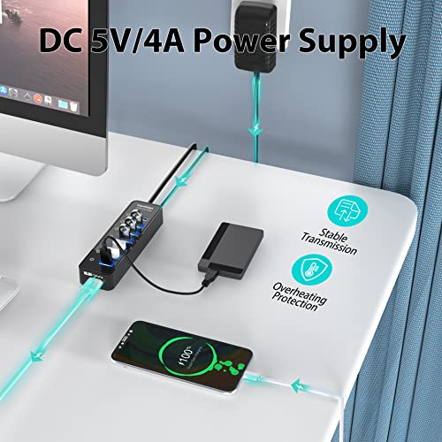 vantisan USB Hub 3.0 Powered, 7 Ports USB Data Hub Splitter with One Smart Charging Port and 5V/4A Powered Adapter and ON/Off Switches for MacBook, Mac Pro/Mini, iMac, Surface Pro Laptop/PC - color: black