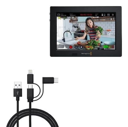 BoxWave Cable Compatible with Blackmagic Design Video Assist 3G (7 in) - AllCharge 3-in-1 Cable - Jet Black
