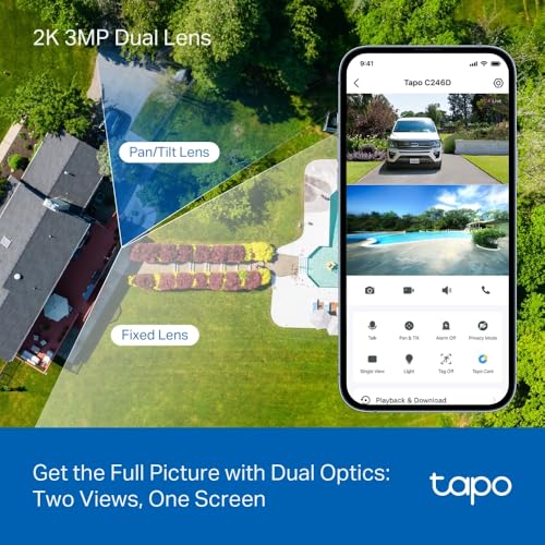 Tapo 2K Indoor/Outdoor Dual Lens Pan/Tilt Wired Security Camera - 125° Wide-Angle View + 6mm Zoom, Motion Track, Person/Vehicle Detection, Local Storage or Optional Cloud, C246D - size: 1-Pack, style: 2K Dual-Lens Pan/Tilt