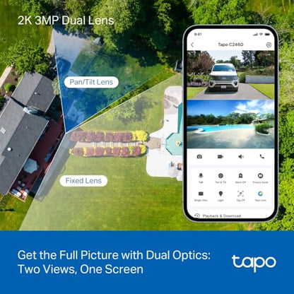 Tapo 2K Indoor/Outdoor Dual Lens Pan/Tilt Wired Security Camera - 125° Wide-Angle View + 6mm Zoom, Motion Track, Person/Vehicle Detection, Local Storage or Optional Cloud, C246D - size: 1-Pack, style: 2K Dual-Lens Pan/Tilt