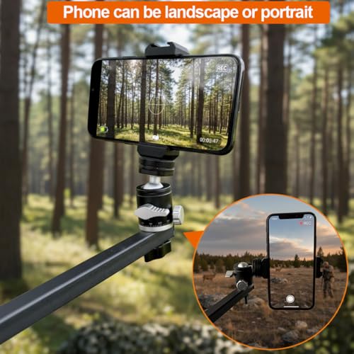 Tree Stand Phone Mount for Self Filming Hunts, Metal Hunting Camera Arm | All-metal build, 33.3 in reach, fits 60-90 mm phones, 2 lb load, Compatible GoPro Mevo Start, storage bag included