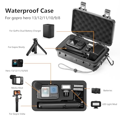 Hard Case for Gopro Hero 13/12/11/10/9 Media Mod/Volta/Light Mod,Wasterproof Organizer Travel Storage Case for Go pro Hero for dji osmo action 6 5 with 2 Batteries Accessories