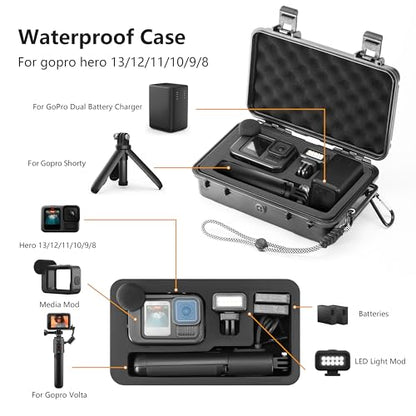 Hard Case for Gopro Hero 13/12/11/10/9 Media Mod/Volta/Light Mod,Wasterproof Organizer Travel Storage Case for Go pro Hero for dji osmo action 6 5 with 2 Batteries Accessories