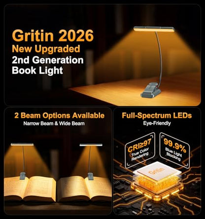 Gritin 2026 Gen 2 Book Light for Reading- 32 Eye Caring Full Spectrum LED | 5 Colors & 5 Brightness, Adjustable Wide/Narrow Beam, Upgrade 1500mAh Long-Lasting Rechargeable Clip on Light-Sea Blue - color: Sea Blue