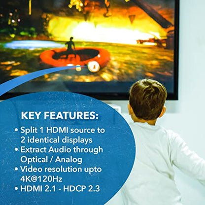 OREI 8K HDMI Splitter 1 X 2, Duplicate with Audio Extractor UltraHD Supports Upto 4K @ 120Hz IR EDID HDCP 2.3 - (BK-102A) (1x2 - Audio Out) - style: 8K@60Hz - 2 Outputs w/ Audio Extractor