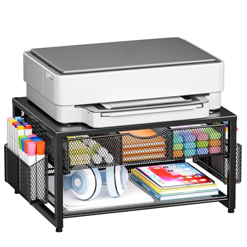 Marbrasse Metal Printer Stand for Desk with Storage Drawer and 2 Pen Holders, 2-Tier Desktop Organizer Printer Table for Home Office, Multi-Purpose Desk Organizer for Fax Machine Scanner Files(Black) - color: Black