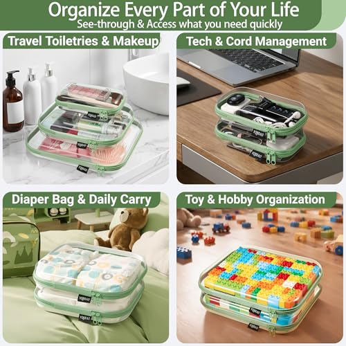 YQBRAO 4-Pack Clear Hard Shell Zipper Case, 1.2mm Ultra-Thick Diaper Bag Organizer Pouches, Rigid Self-Standing Travel Makeup Bags with YKK Zippers, TSA Approved, Green - color: Green, size: 4 Pack(S)