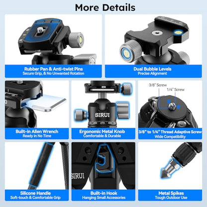 SIRUI Carbon Fiber Travel Tripod, 50" Compact Lightweight Backpack Tripod with Low Profile Ball Head with Quick Release Plate for Arca, 6 Mounting Points for Camera and Phone, AM-225S+G0 - size: AM-225S+G0