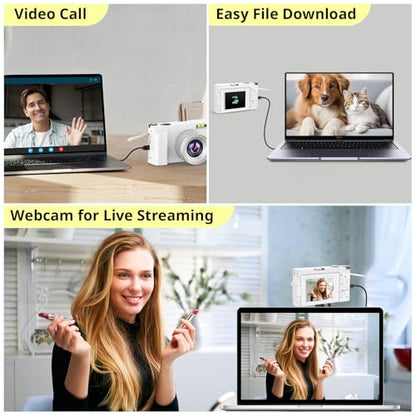 4K Digital Camera for Photography Autofocus, FHD 48MP Vlogging Camera for YouTube with SD Card, 2 Batteries, 16X Zoom,3" 180°Flip Screen Compact Travel Camera for Teens Beginners - color: Off White