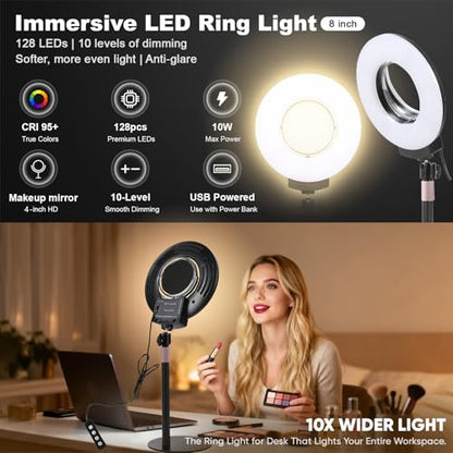 Desk Ring Light with Mirror & Stand, 4" HD Makeup Mirror 360° Rotatable,10W Dimmable LED Desk Lamp with Phone Holder & Stand,for Live Streaming,Makeup,Video,Zoom Call,Vlogging,TikTok