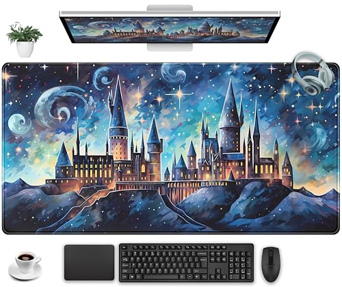 Blue Castle Desk Mat Aesthetic Cute Desk Pad, Extended Large Mouse Pad XXL Gaming Keyboard Pad, Computer Desktop Mouse Mat Full Desk Laptop Mat, Fantasy Art Office Desk Accessories 31.5" x 15.7" - color: Painted Castle