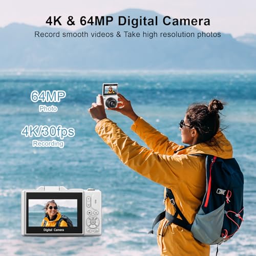 4K Digital Camera for Photography, 64MP Vlogging Camera for YouTube with 3" 180° Flip Screen, 18X Digital Zoom Point and Shoot Camara with 32GB Micro SD Card for Beginner (White) - color: YL15-W08-C-White