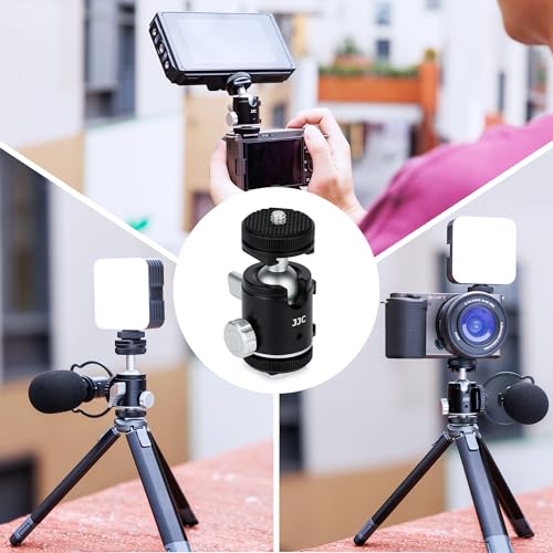 1/4''-20 Camera Tripod Ball Head Mount Adapter, Mini Ballhead with Cold Shoe Mount for Camera DSLR Tripod Selfie Stick LED Light Flash Microphone Phone Cage, 360-Degree Rotation, 90-Degree Tilt