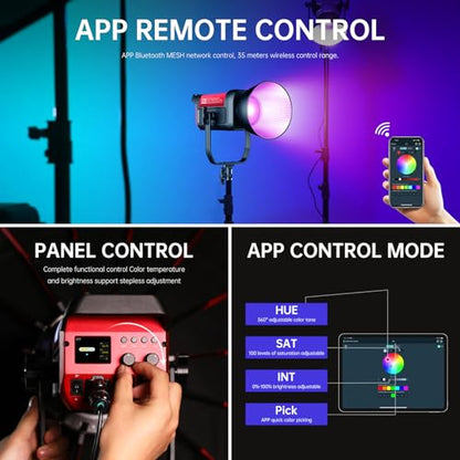GVM 300C RGB Video Light, 300W Studio Light 2000K-10000K,48,200 Lux@ 1m with Reflector Photography Lighting with Bowens Mount & DMX Control, Studio Light for Film Recording,16 Lighting Effects - size: 300W