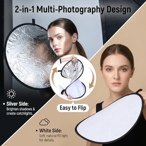 Round Folding Portable Photography Reflector, 2 in 1 Lighting Reflectors, Camera Photo Reflector Diffuser, Light Reflectors for Portrait Photography, Still Life Fill Light (18inch/45cm, Silver, White)
