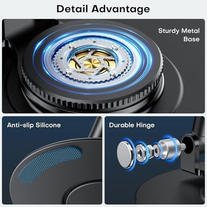 OMOTON MS05 360° Rotating Magnetic Phone Stand for MagSafe, [Height Adjustable] Foldable Cell Phone Stand for Desk, Office Desk Accessories Gift for iPhone 17/16/15 Pro Max Air for PC Gaming Women Men