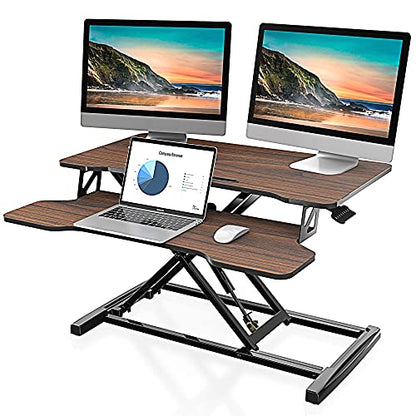 FITUEYES Height Adjustable Standing Desk 32” Wide Sit to Stand Converter Stand Up Desk Tabletop Workstation for Laptops Dual Monitor Riser Brown SD308002WE - color: Brown
