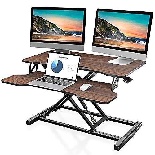 FITUEYES Height Adjustable Standing Desk 32” Wide Sit to Stand Converter Stand Up Desk Tabletop Workstation for Laptops Dual Monitor Riser Brown SD308002WE - color: Brown