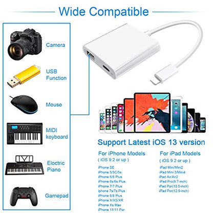 Lightning to USB3 Camera Adapter with Charging Port, Lightning Female USB OTG Cable Adapter for Select iPhone,iPad Models Support Connect Camera, Card Reader, USB Flash Drive, MIDI Keyboard (WHITE) - color: USB+Charging