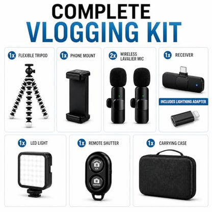 Acuvar Vlogging Kit for iPhone & Android with Wireless Microphone – Flexible Tripod Stand with LED Light, Phone Mount, Remote & Carry Case for TikTok, YouTube & Content Creators