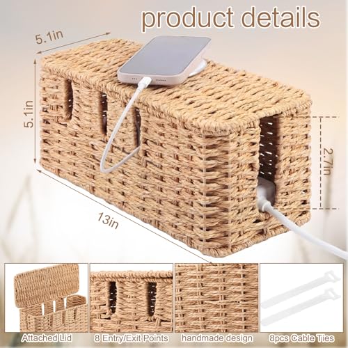 Cable Management Box with Lid Woven Paper Rope Desktop Cable Storage Box with 8 Open Slots Decorative Cord Hider Organizer Boxes for Home Office Living Room Decor, 13" x 5.1" x 5.1"