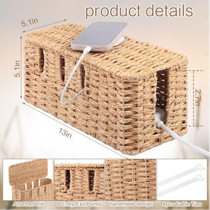 Cable Management Box with Lid Woven Paper Rope Desktop Cable Storage Box with 8 Open Slots Decorative Cord Hider Organizer Boxes for Home Office Living Room Decor, 13" x 5.1" x 5.1"