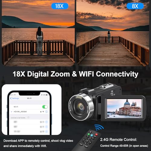 8K Video Camera Camcorder 64MP YouTube Vlogging Cameras IR Night Vision WiFi Webcam Camcorders with 18X Digital Zoom 3.0”Touch Screen Stabilizer, Mic, 64G SD Card, Remote Control and 2 Batteries