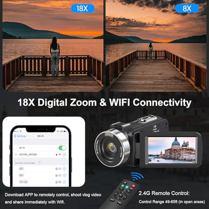 8K Video Camera Camcorder 64MP YouTube Vlogging Cameras IR Night Vision WiFi Webcam Camcorders with 18X Digital Zoom 3.0”Touch Screen Stabilizer, Mic, 64G SD Card, Remote Control and 2 Batteries