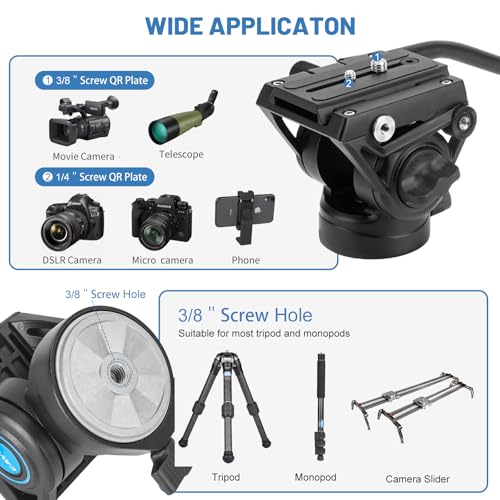 CAVIX Professional Fluid Drag Video Head, Smooth Pan & Tilt Control with Adjustable Drag, 3/8" & 1/4" Quick Release Plate, Max Load 13.2 lb/6 kg for DSLR, Mirrorless & Camcorder On Tripod/Monopod