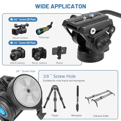 CAVIX Professional Fluid Drag Video Head, Smooth Pan & Tilt Control with Adjustable Drag, 3/8" & 1/4" Quick Release Plate, Max Load 13.2 lb/6 kg for DSLR, Mirrorless & Camcorder On Tripod/Monopod