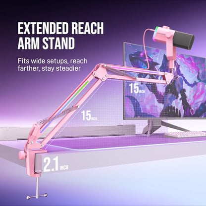 FIFINE XLR/USB Gaming Microphone Kit with Boom Arm Stand, RGB Streaming Mic for Computer Compatible with PC/PS4/PS5, Podcast Mic Set with Headphone Jack, Volume Knob, Mute-AmpliGame AM8PROT Pink - color: Pink