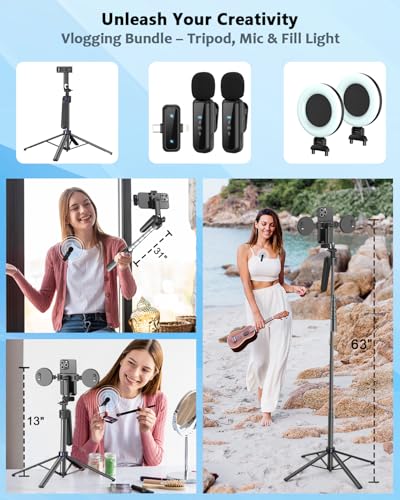 Vlogging Kit for iPhone/Android, 63”Auto Face Tracking Tripod for iPhone with Light, Wireless Microphones, Scrolling Remote Control for TikTok, Content Creator Kit for YouTube Starter - size: 63 inches