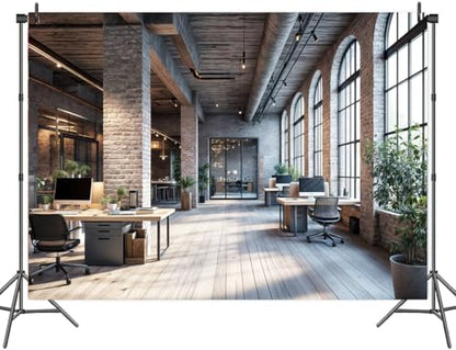 7X5ft Modern Office Backdrop for Video Conference Business Backdrops Rustic Brick Wall Virtual Office Scene Photography Studio Background Holiday Party Birthday Live Zoom Photoshoot Props - size: 7X5FT