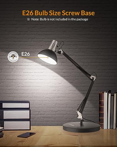 LEPOWER Metal Desk Lamp, Adjustable Goose Neck Architect Table Lamp with On/Off Switch, Swing Arm Desk Lamp with Clamp, Eye-Caring Reading Lamp for Bedroom, Study Room &Office (Black) - color: Black