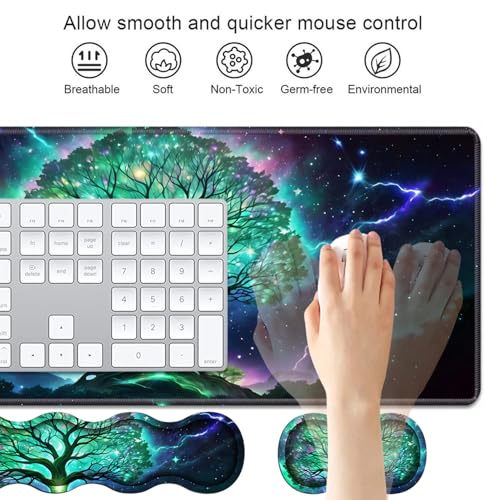 4 in 1 Ergonomic Keyboard Wrist Rest & Mouse Pad Wrist Rest Set, Large XXL Gaming Desk Mat 31.5"x 11.8" with Non-Slip Base, Memory Foam for Home Office Study Gaming, Tree of Life - color: Tree of Life