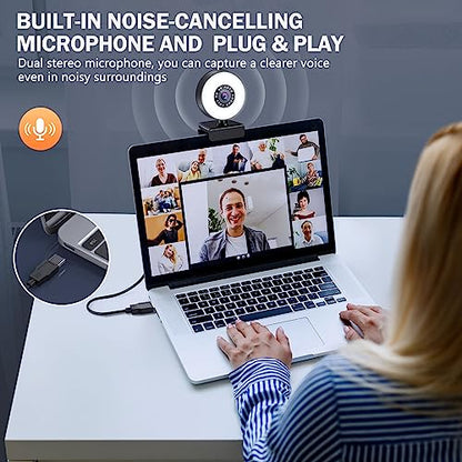 4K HD Autofocus Webcam with Microphone, Adjustable Light and Privacy Cover, Plug and Play USB for Laptop/Desktop Video Calling