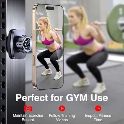 Romuto Magnetic Phone Holder for Gym Mag Safe Phone Holder【Dual Grip】 Gym Phone Holder Magnet Phone Camera Mount for Gym Accessories for Mothers Gift Attach to Metal Surface with iPhone 17 Pro Max 16
