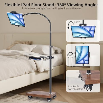 wishacc Adjustable Floor Tablet Stand with Rolling Base, Flexible Gooseneck Mount, Wood Platform, Mobile Device Holder for Indoor Use - size: 15.4 x 11 x 11 inches