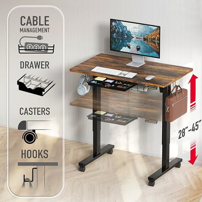 SHW 40-Inch Mobile Electric Height Adjustable Sit to Stand Desk with Drawer, Hanging Hooks and Cable Management, Rustic Brown - color: Rustic Brown