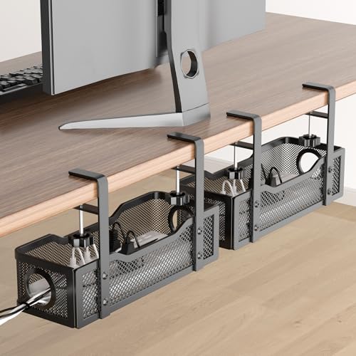 2 Pack Under Desk Cable Management Box Black, Cinati 26.8" Wire Organizers No Drill, Cord Organization Tray with Clamp for Office, Home - No Damage to Desk - color: Black, size: 13.4"-2 Pack