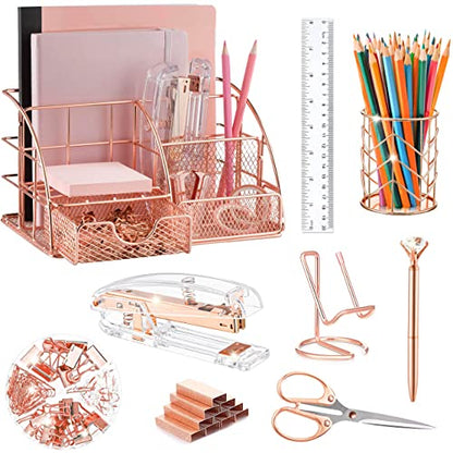 KAAKOW Rose Gold Desk Organizers and Accessories Office Supplies Set Stapler, Pen Holder, Phone Holder, Scissors, Pen, Ruler, 30 Paper Clips, 22 Binder Clip, 20 Tacks and 1000pcs Staples - color: Rose Gold