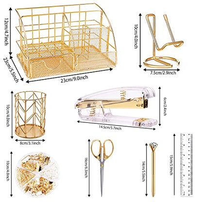 KAAKOW Gold Desk Organizers and Accessories Office Supplies Set Stapler, Pen Holder, Phone Holder, Scissors, Pen, Ruler, 30 Paper Clips, 22 Binder Clip, 20 Tacks and 1000pcs Staples (Gold) - color: Gold