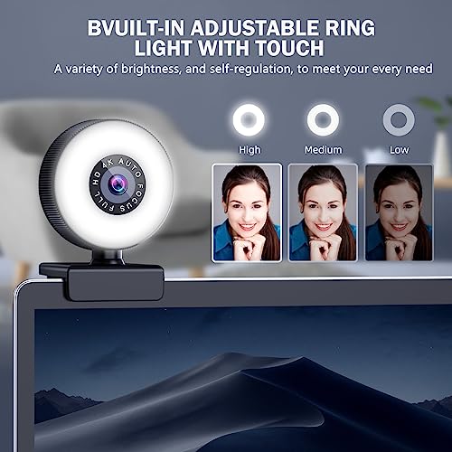 4K HD Autofocus Webcam with Microphone, Adjustable Light and Privacy Cover, Plug and Play USB for Laptop/Desktop Video Calling