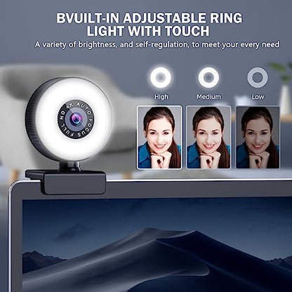 4K HD Autofocus Webcam with Microphone, Adjustable Light and Privacy Cover, Plug and Play USB for Laptop/Desktop Video Calling
