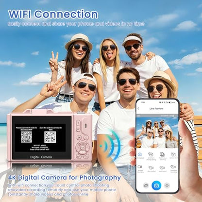 4K Digital Camera for Photography, 64MP HD WiFi Vlogging Camera for YouTube with 3" 180°Flip Screen, 18X Digital Zoom,Autofocus Compact Camera with Flash,32GB TF Card & 2 Batteries(Pink) - color: Pink