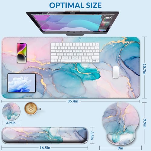 Desk Mat Set + Keyboard and Mouse Pad with Wrist Rest Support,4-in-1 Large Mousepad Computer Mats for Desktop Home & Office-Golden Blue Marble - color: Q-Marble 1