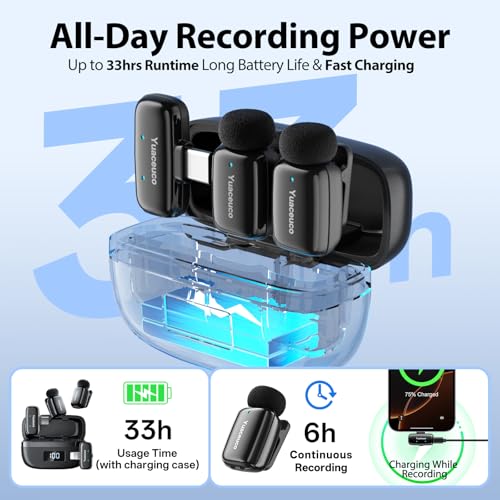 Mini Wireless Lavalier Microphone for iPhone ipad Android, Noise Reduction and Mute, 33h Charging Case, Plug & Play, 131FT Range, Mini Lapel Mic for Video Recording, Vlogging, YouTube