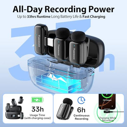 Mini Wireless Lavalier Microphone for iPhone ipad Android, Noise Reduction and Mute, 33h Charging Case, Plug & Play, 131FT Range, Mini Lapel Mic for Video Recording, Vlogging, YouTube