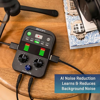 Zoom PodTrak P2 Podcast Recorder, 2 USB Mic Inputs, 2 Headphone Outputs, AI Noise Reduction, Tone & COMP Effects, Remote Guest Recording, SD Card, Battery/USB-C Powered | 2 Headphone Outputs, SD Card Recording, Aa Battery or USB-C Power, Tone and Compress